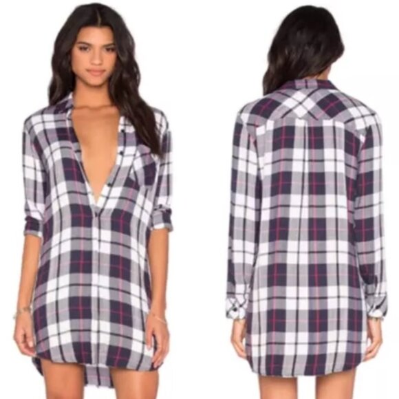 Rails Sawyer Shirt Mini Dress Small Plaid Button Front White Navy Cranberry - Picture 1 of 10